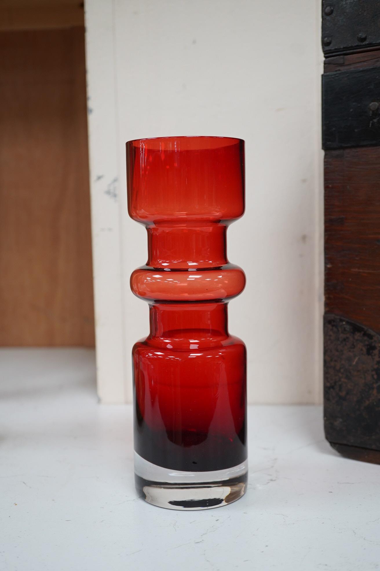 Seven red glass vases including Whitefriars, tallest 21cm high. Condition - good